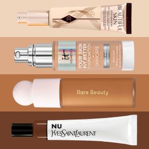 Four foundation bottles align horizontally, showcasing different brands and packaging designs on a color-gradient background. Text reads: â€œCharlotteâ€™s Beautiful Skin Foundation,â€ â€œYour Skin But Better Foundation,â€ â€œRare Beauty,â€ â€œNU Yves Saint Laurent.â€