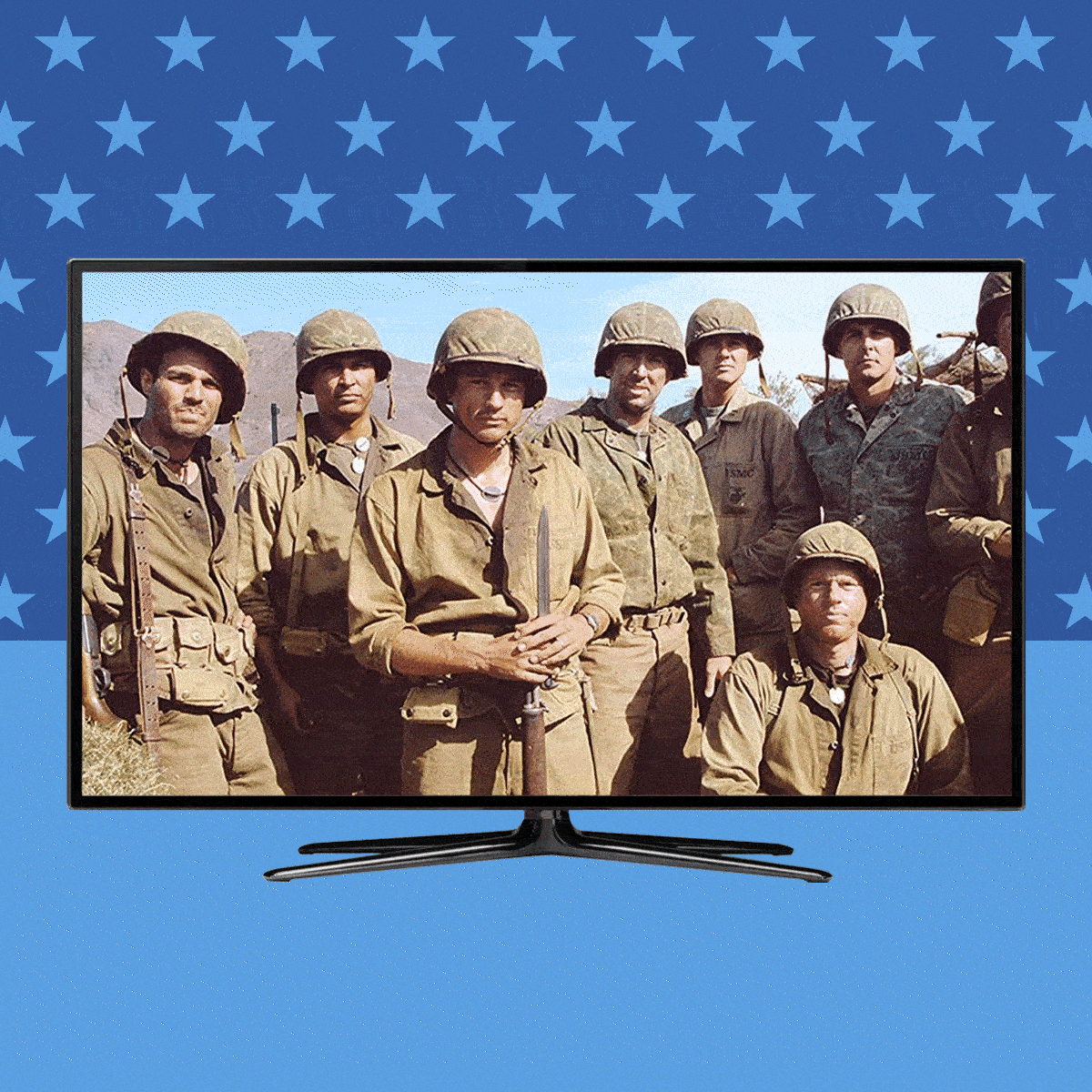 Soldiers pose in combat uniforms; some hold rifles. Display shown against a blue background with star patterns.