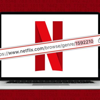 A laptop displays Netflix's red "N" logo; a URL link, "https://www.netflix.com/browse/genre/1592210," overlays the screen. Red numerical background surrounds.