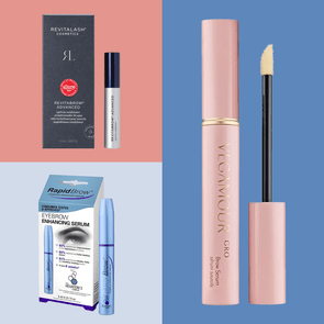 Three eyebrow serums displayed against colored backgrounds; RevitaLash, RapidBrow, and Vegamour, each with packaging and bottle visible.