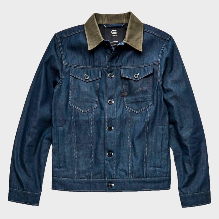 Denim jacket with buttons displayed flat; features chest pockets and a contrasting dark collar. Simple white background.