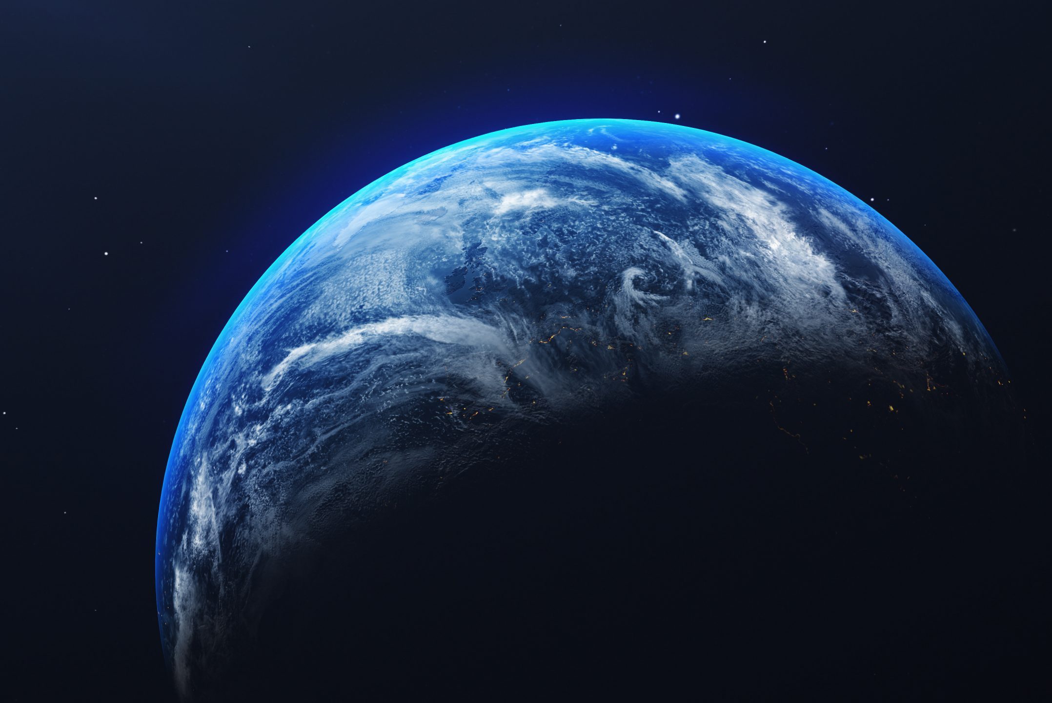 Earth partially illuminated, displaying swirling clouds and city lights; set against a backdrop of dark, starry space.
