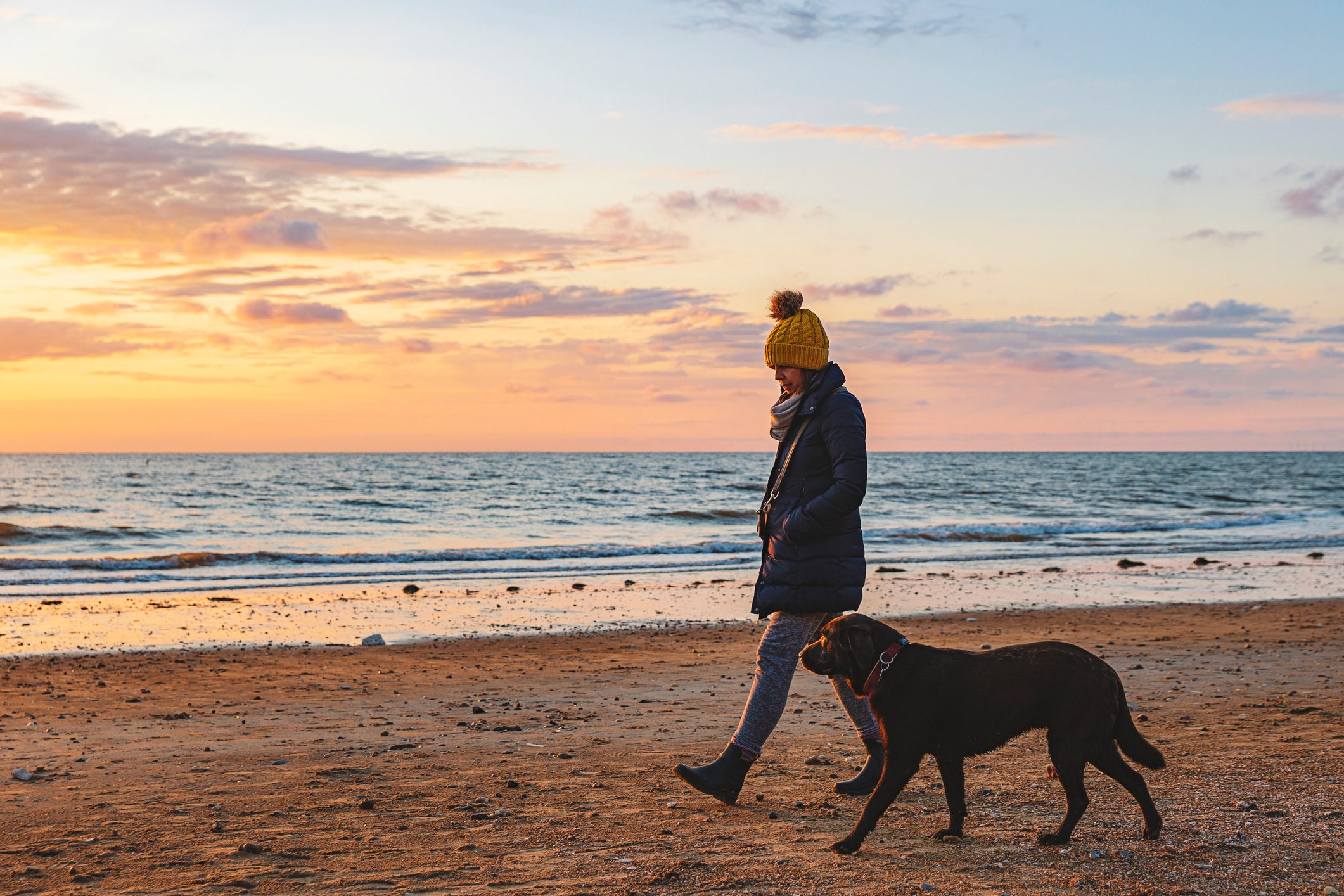 Person walks with a dog on a sandy beach at sunset, ocean waves gently rolling in the background under a colorful sky.