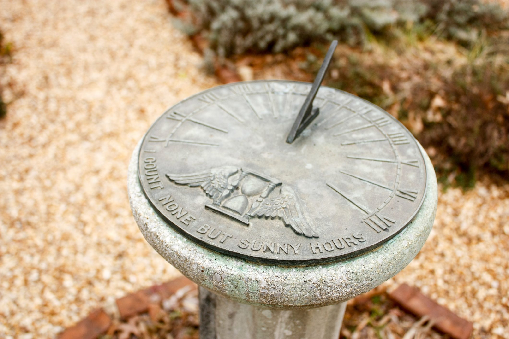 Sundial stands still, casting a shadow, surrounded by gravel and plants. Inscription reads: "I COUNT NONE BUT SUNNY HOURS." Roman numerals mark hours.
