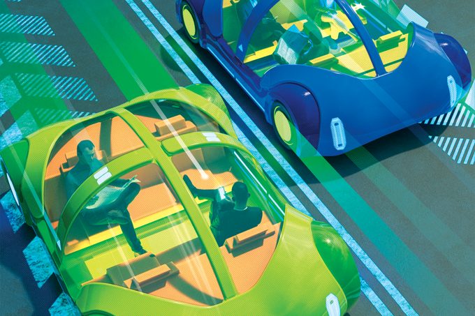 Illustrated people inside self driving cars