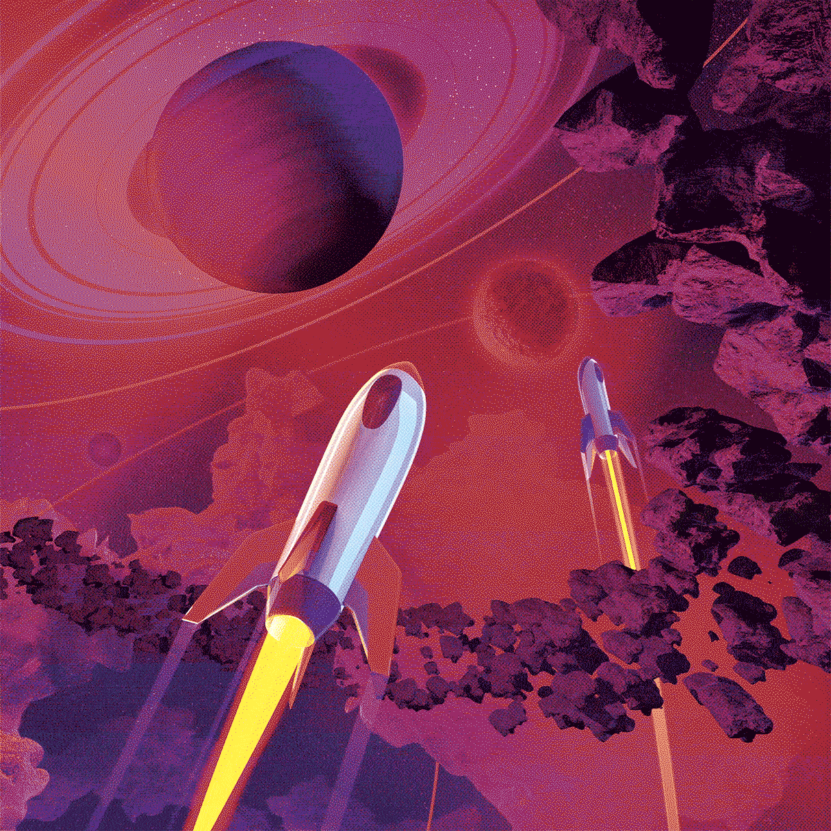Illustrated rockets flying towards planets