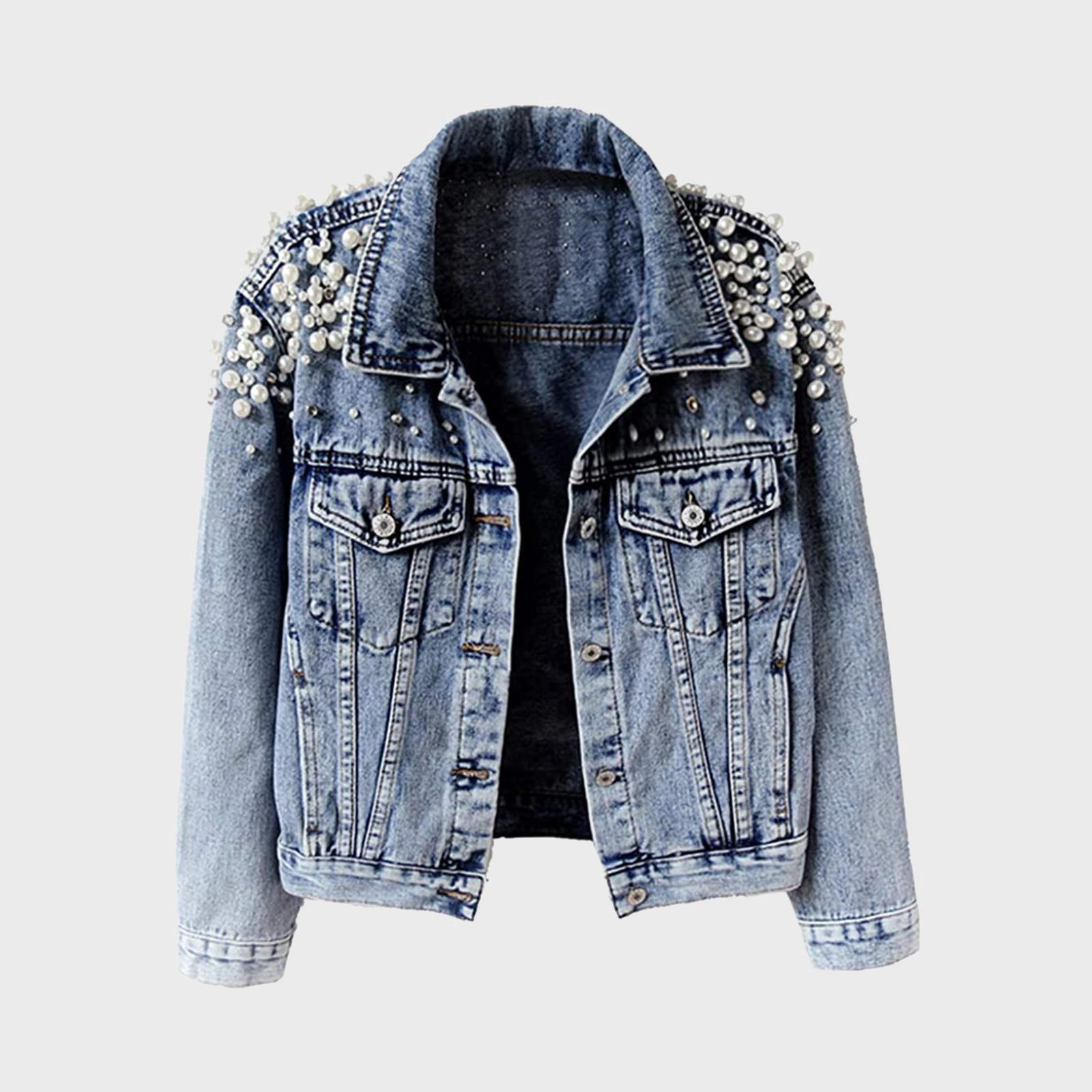 Rd Ecomm Kedera Embroidered Rivet Pearl Short Denim Jacket Via Amazon.com