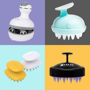 Various scalp massagers rest passively against colorful backgrounds, displaying different designs and brand logos like 