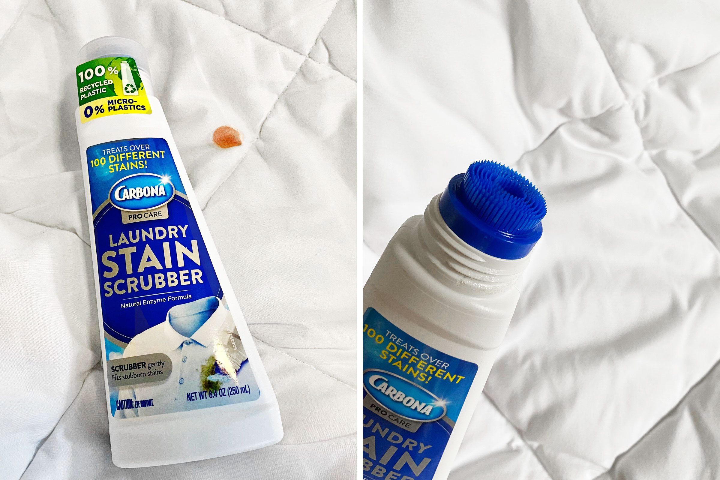 Carbona Pro Care Laundry Stain Scrubber blood stain before and after