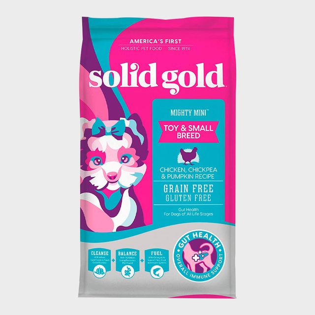 Pet food bag featuring cartoon dog, advertising 
