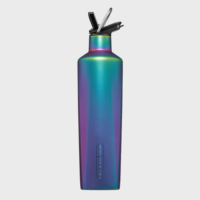 Metallic bottle stands upright; features a multicolor gradient and a black flip-top lid. Text reads 
