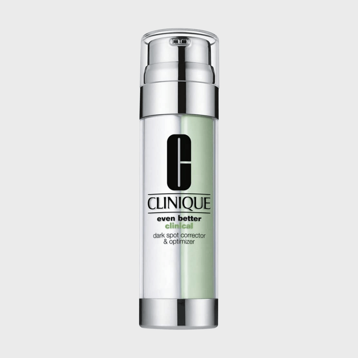 A clear bottle with chrome accents dispenses Clinique 