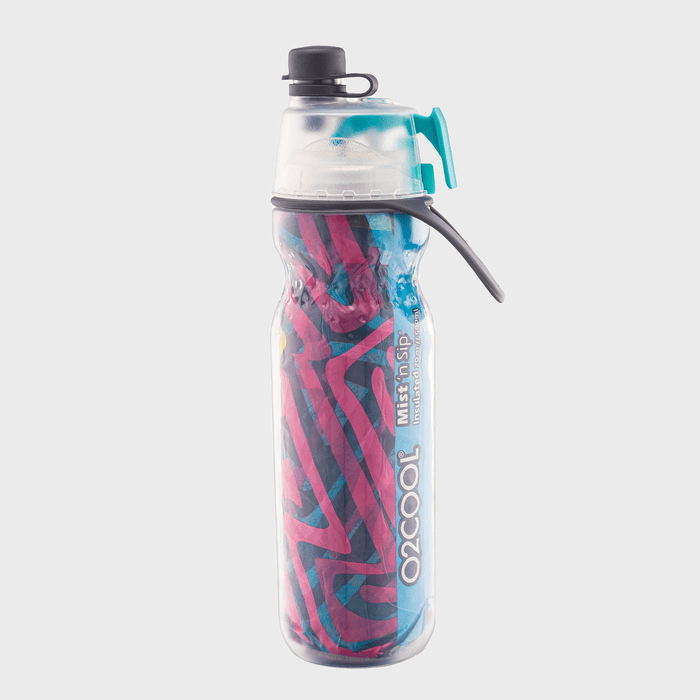 A colorful water bottle with a misting feature is standing against a plain background. The words 