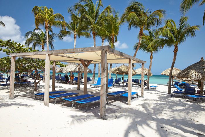 Wooden canopy shades blue lounge chairs on a sandy beach, surrounded by palm trees and facing a clear, turquoise ocean under a vibrant sky.
