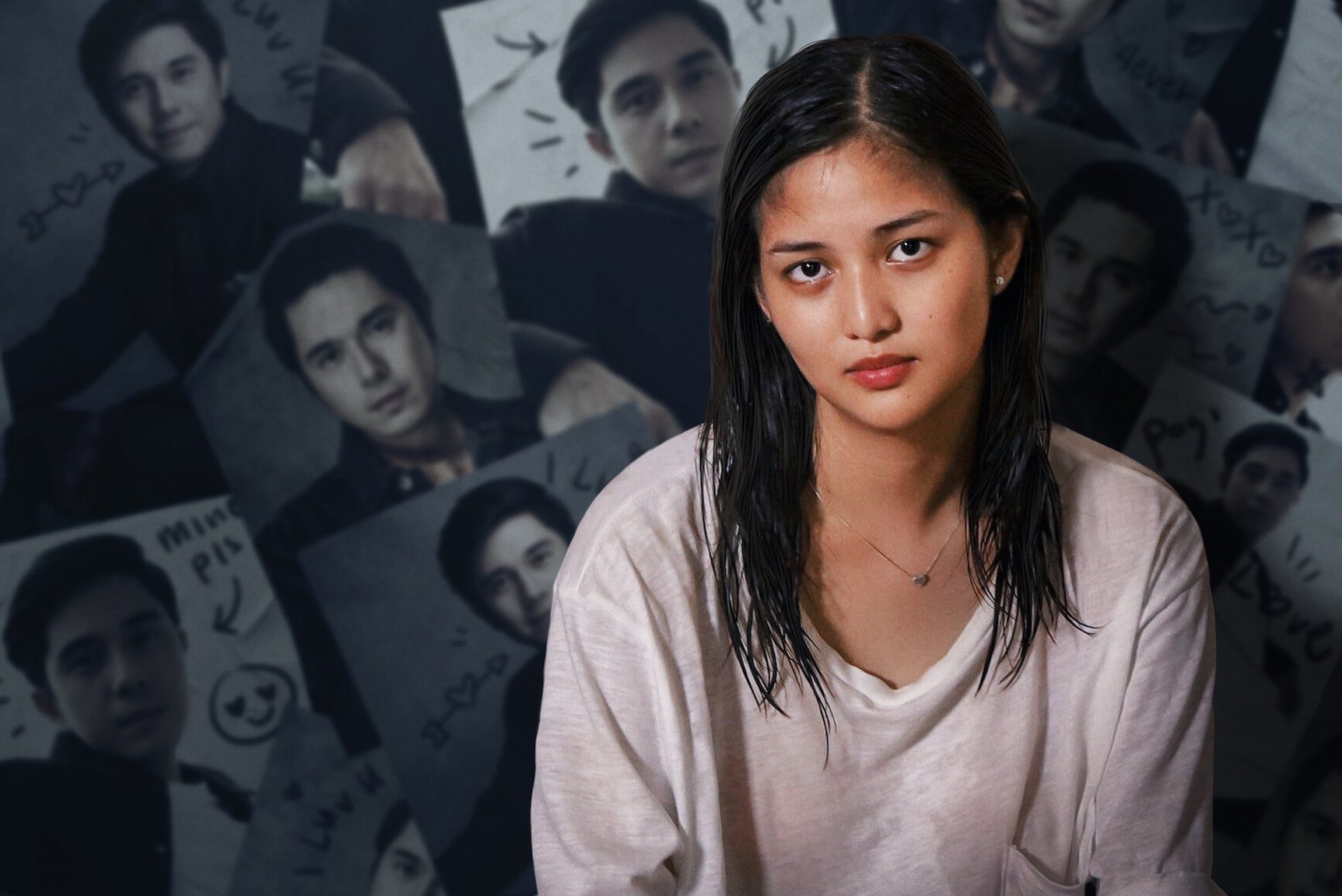 A woman in a white shirt looks forward, surrounded by photos of a man with doodles.