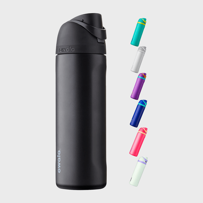 Black water bottle displayed with six colorful variations against a plain background, featuring a brand name 