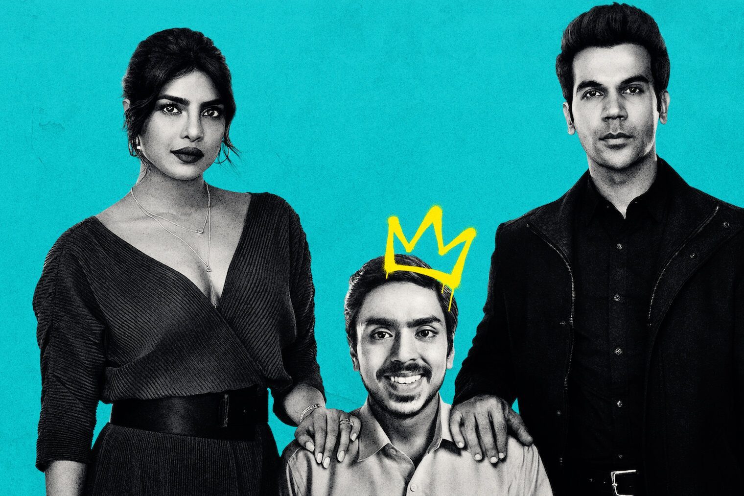 Three people stand against a blue background; central figure smiles with a drawn yellow crown, flanked by serious individuals.