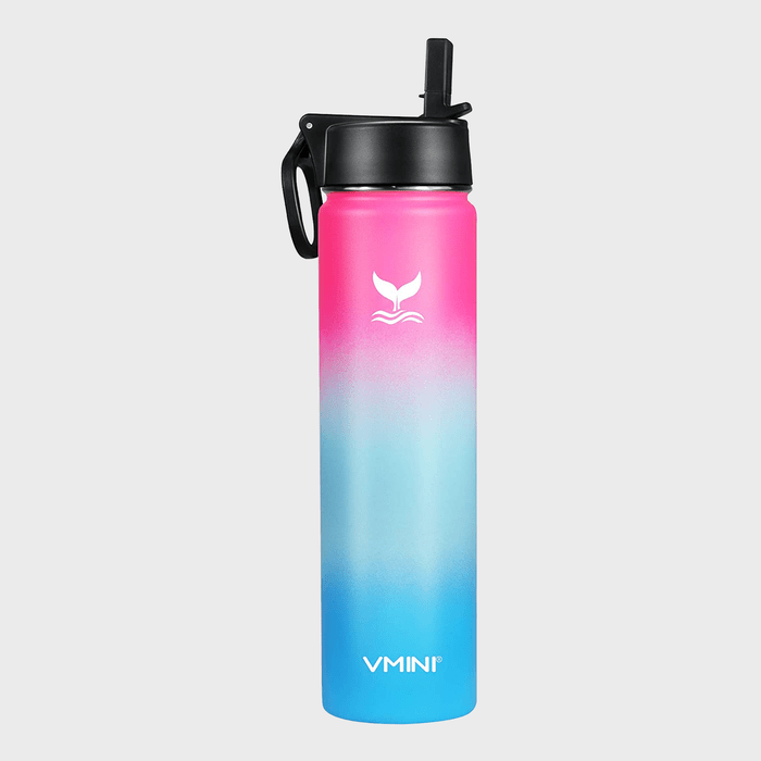 Bottle stands upright, showcasing a gradient pink-to-blue design with black lid and spout. Features a stylized whale tail and 