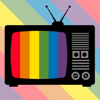 Retro TV displays rainbow stripes against a diagonal pastel-striped background.