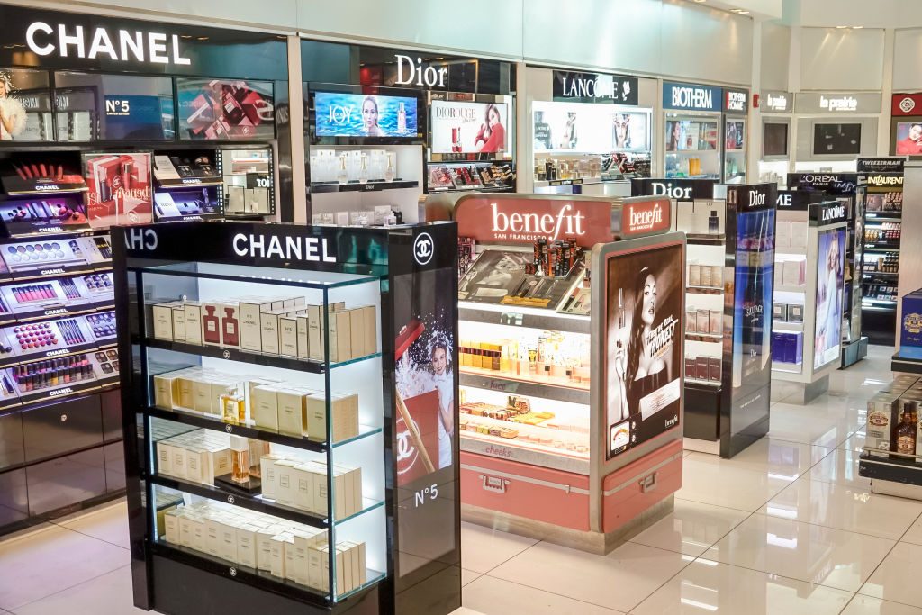 Miami International Airport, Duty Free store, designer perfumes cosmetics display