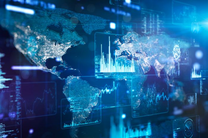 Futuristic data screen and hologram world map