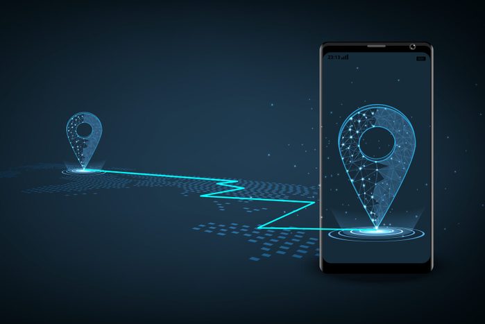 GPS pin form lines blue color on dark blue background.