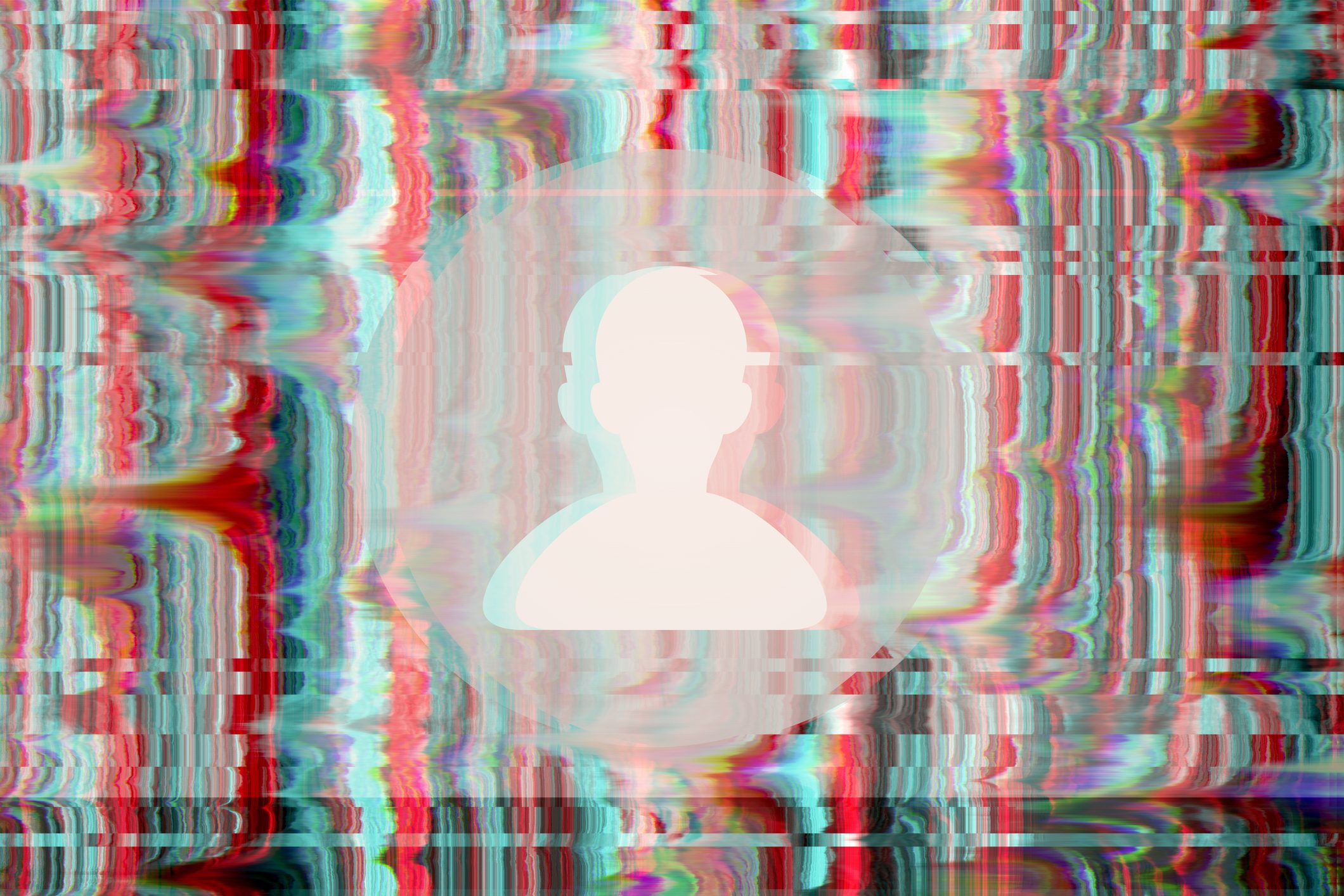 Silhouetted profile overlaying colorful, distorted glitch pattern with vibrant red, green, and blue stripes. The design appears chaotic and abstract. No text included.