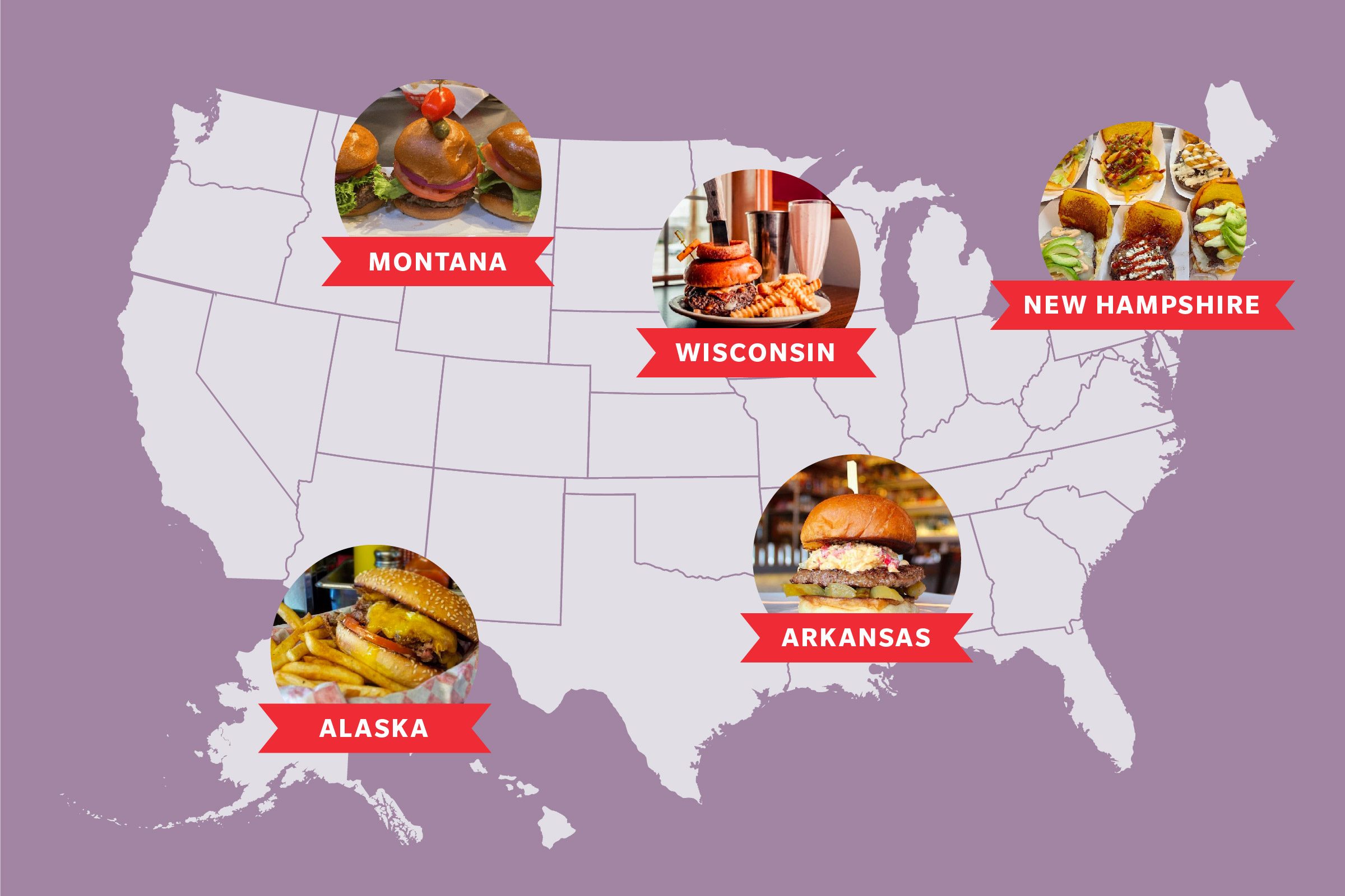 Map shows U.S. states highlighting burgers with images labeled Montana, Wisconsin, New Hampshire, Alaska, and Arkansas, on a purple background.