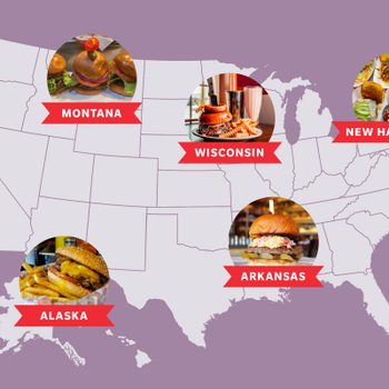 Map shows U.S. states highlighting burgers with images labeled Montana, Wisconsin, New Hampshire, Alaska, and Arkansas, on a purple background.