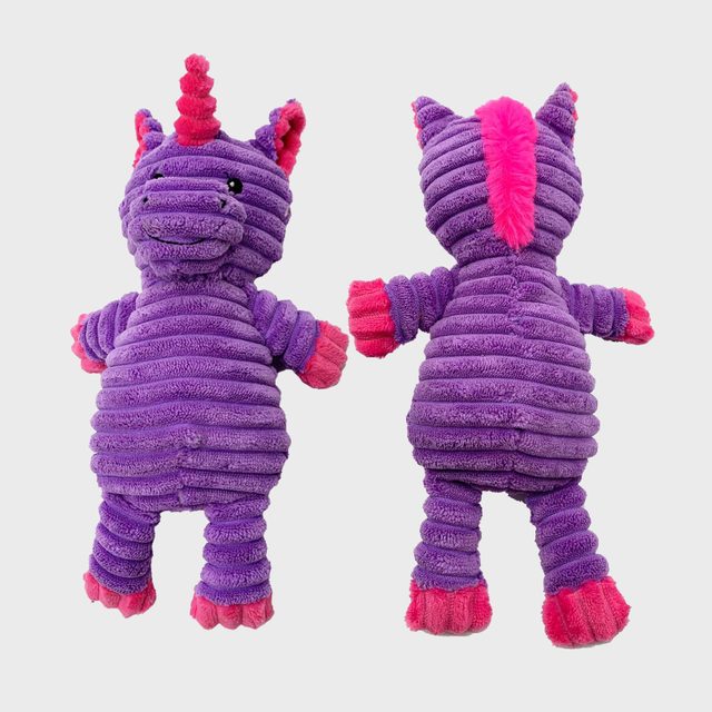 Purple plush unicorn toy stands upright, displaying front and back views. It features striped design, pink accents, and a cheerful face against a plain background.