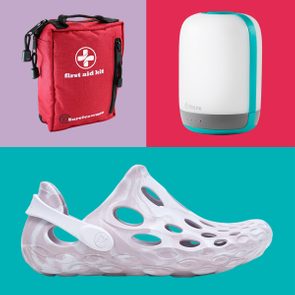 Red first aid kit with logos sits on a purple background; a white lamp and blue shoe are shown separately on colorful backdrops.