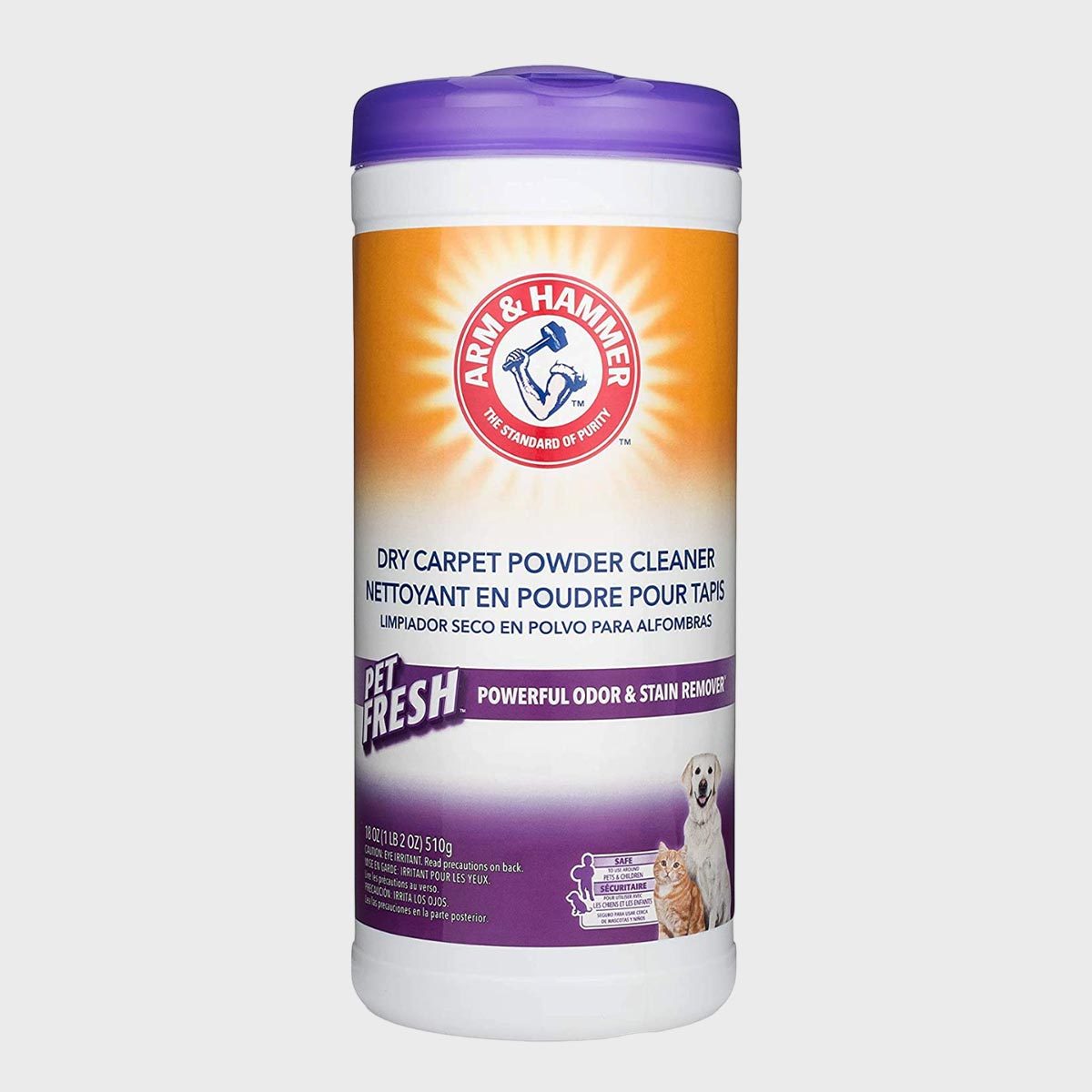 Container features dry carpet powder cleaner for odor removal. It displays Arm & Hammer branding, with images of a dog and a cat.