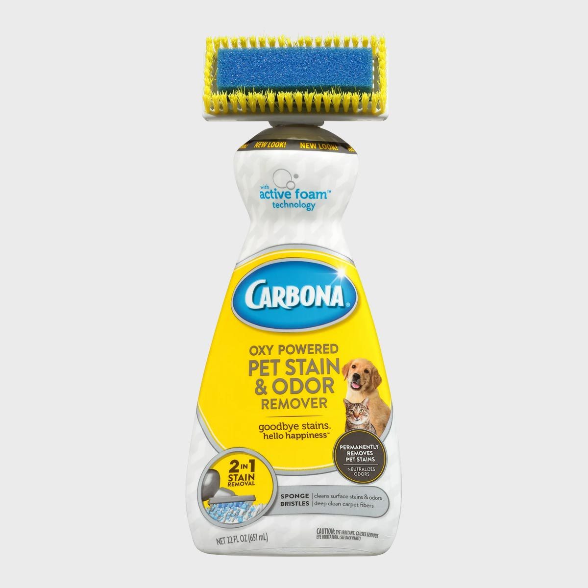 Cleaning bottle with built-in scrub brush, labeled "Carbona Oxy Powered Pet Stain & Odor Remover," featuring pet images, yellow label, and 22 fl oz capacity.