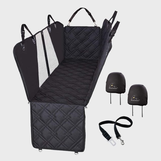 Car seat cover forms a protective hammock with adjustable straps, quilted surface, and side flaps. Includes two headrest covers and a seatbelt tether.