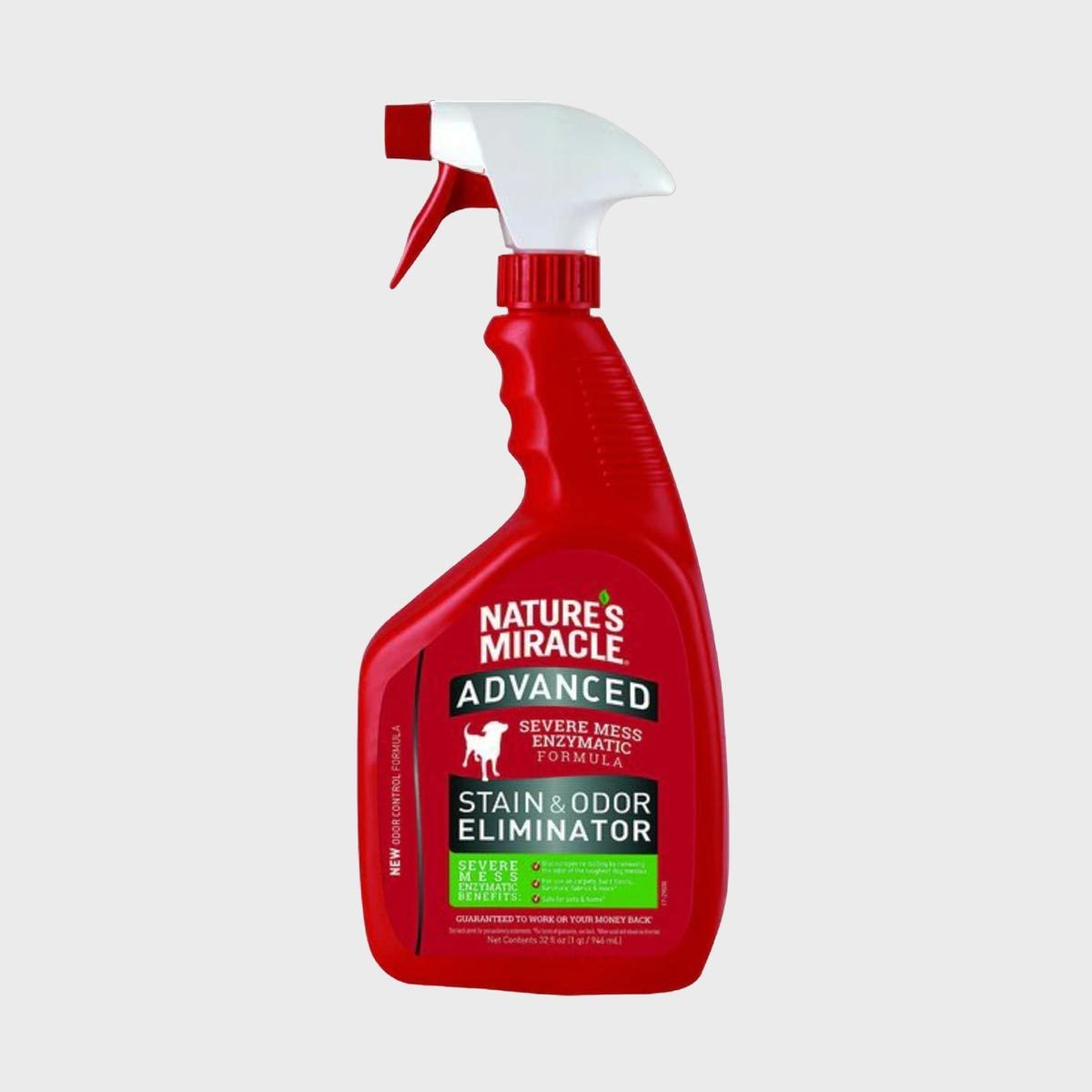 Red spray bottle labeled "Nature's Miracle Advanced Stain & Odor Eliminator," designed for severe messes, against a plain background.