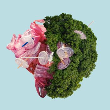 A globe-like shape combines green foliage and plastic waste, including cups and straws, against a light blue background, highlighting environmental concerns.