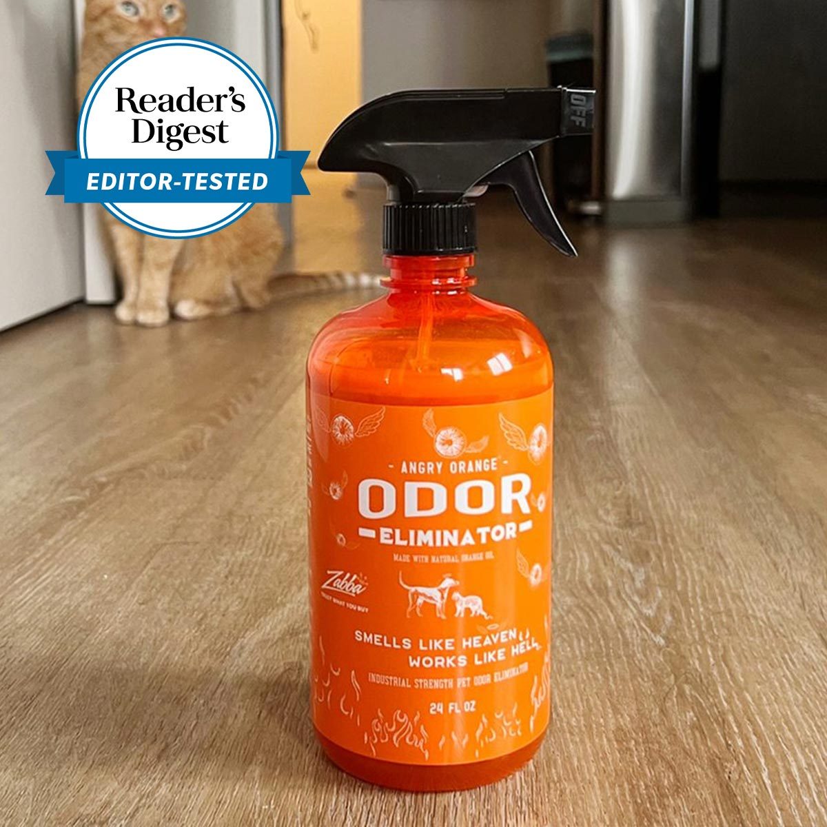 Orange spray bottle stands on wooden floor, labeled "Angry Orange Odor Eliminator." Text highlights it as editor-tested. A cat is in the background.