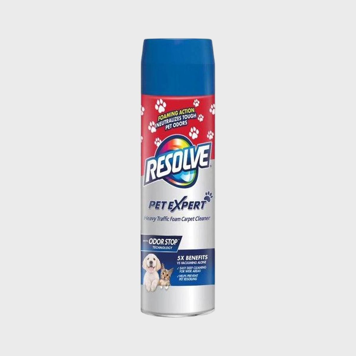 Aerosol can displays "Resolve Pet Expert" beside images of dogs indoors. Promotes carpet cleaning and odor removal with "Odor Stop" technology.
