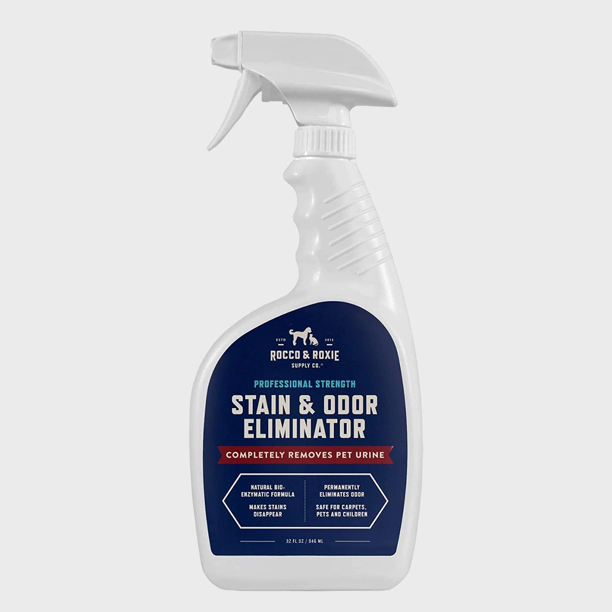 Spray bottle labeled "Rocco & Roxie Stain & Odor Eliminator," claims to remove pet urine. Contains a natural, bio-enzymatic formula.