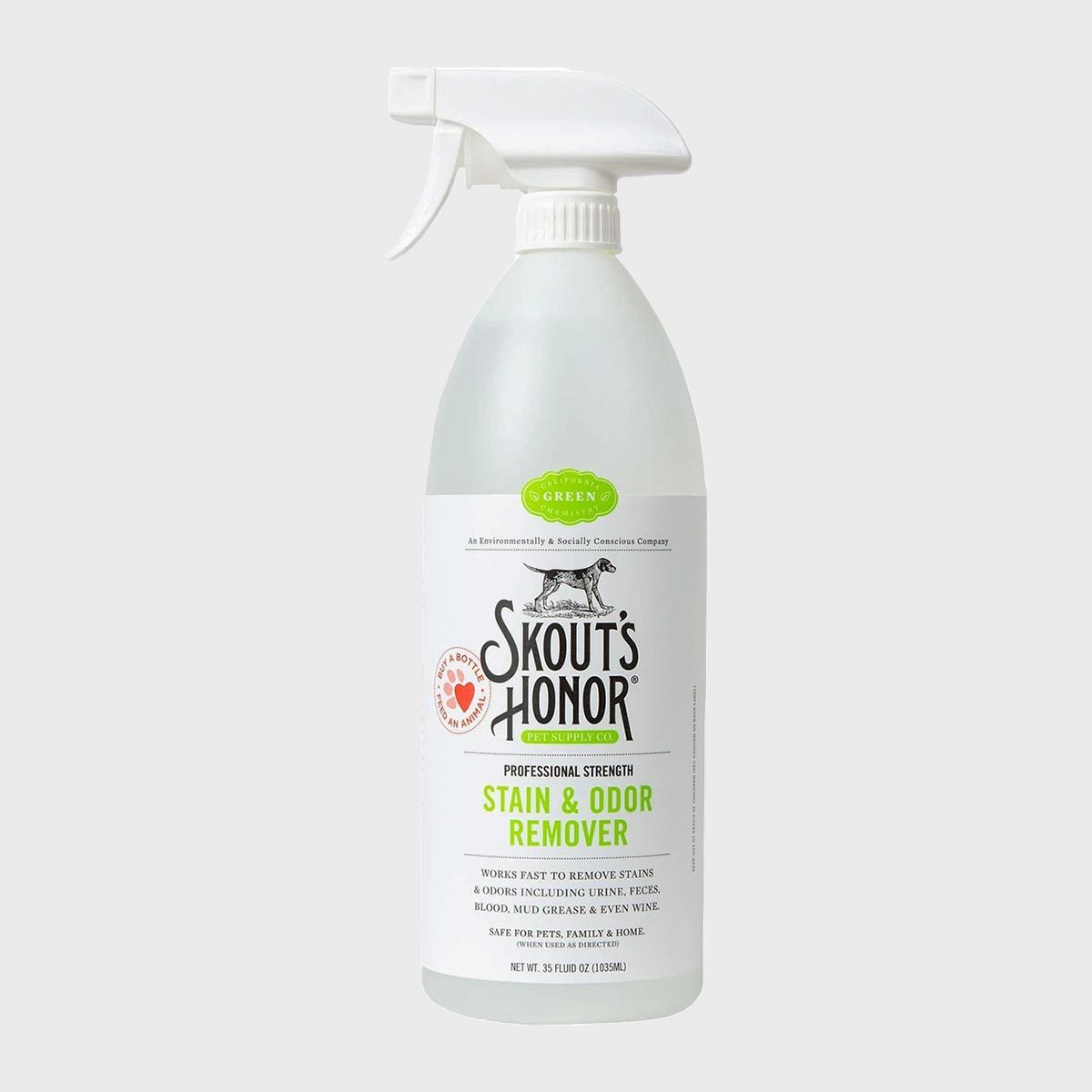 Spray bottle displays "Skout's Honor Stain & Odor Remover" label; emphasizes professional strength, eco-friendly design, pet-safe formula on a clean, plain background.