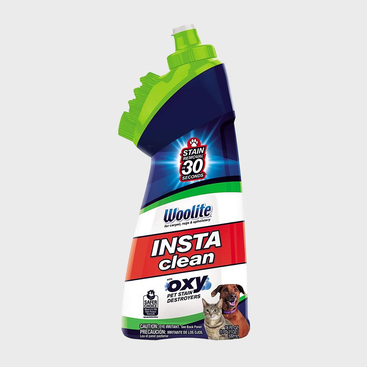 A spray bottle labeled "Woolite Insta Clean" promises stain removal in 30 seconds, featuring pet imagery and vibrant colors against a plain background.