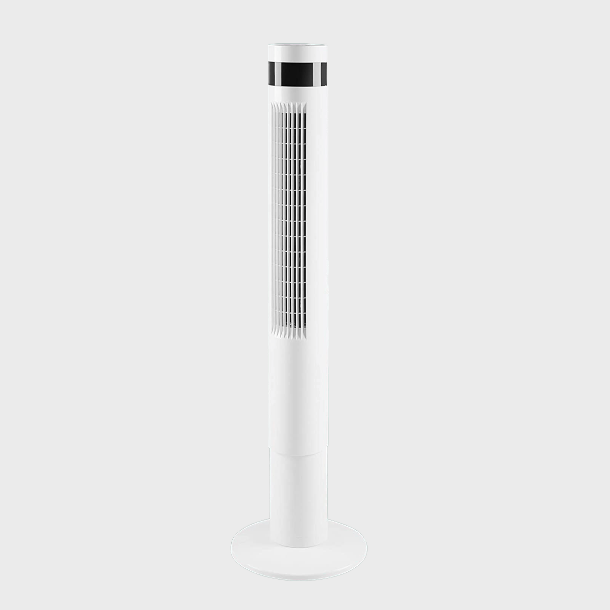 Tall, white tower fan stands idle against a plain gray background.