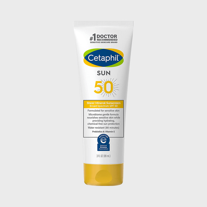 Tube displays Cetaphil Sheer Mineral Sunscreen, SPF 50, designed for sensitive skin, microbiome gentle, water-resistant for 80 minutes, featuring Prebiotics and Vitamin E.