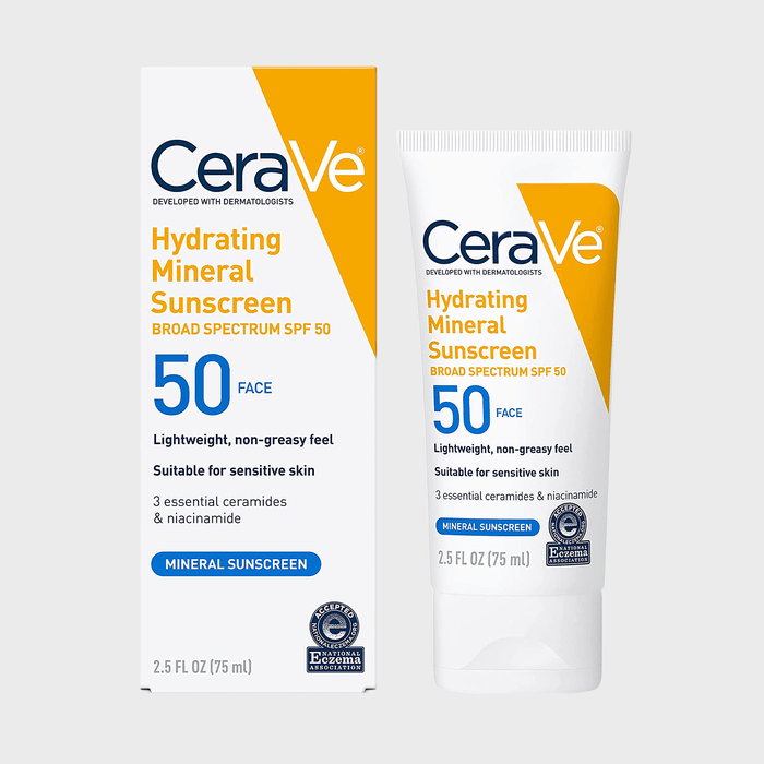 Tube stands upright, displaying CeraVe Hydrating Mineral Sunscreen SPF 50; features lightweight, non-greasy feel. Beside it, matching box with similar details.