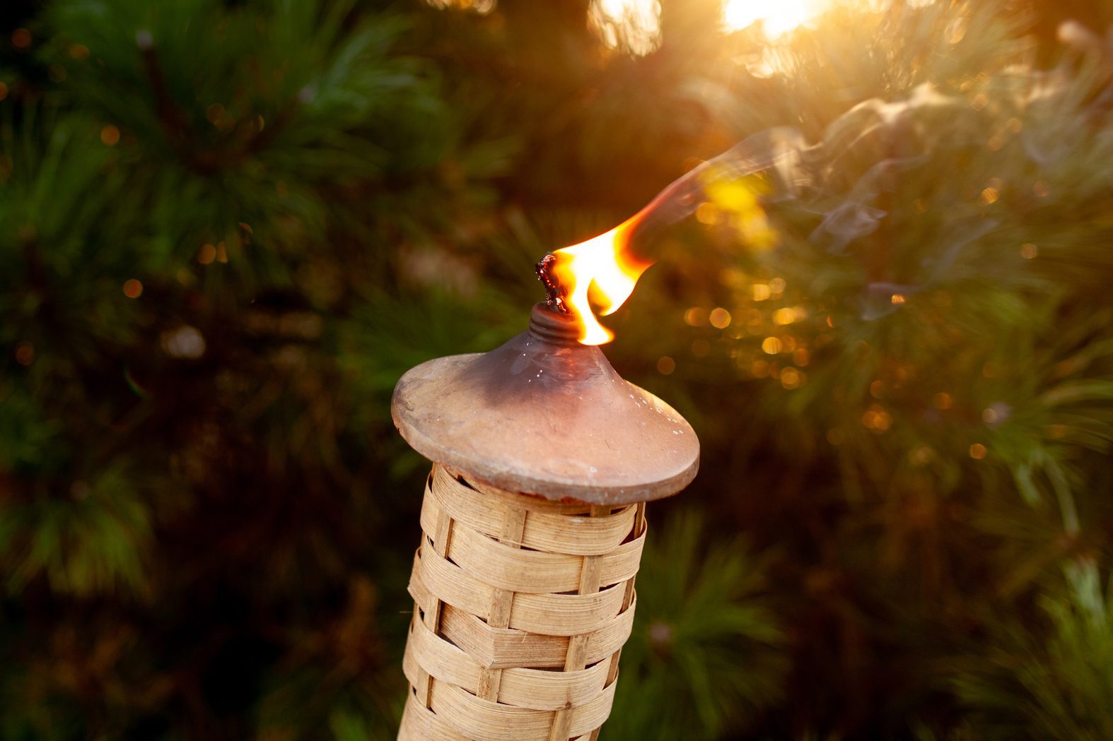 A tiki torch burns brightly, surrounded by lush greenery and illuminated by the warm glow of the setting sun.