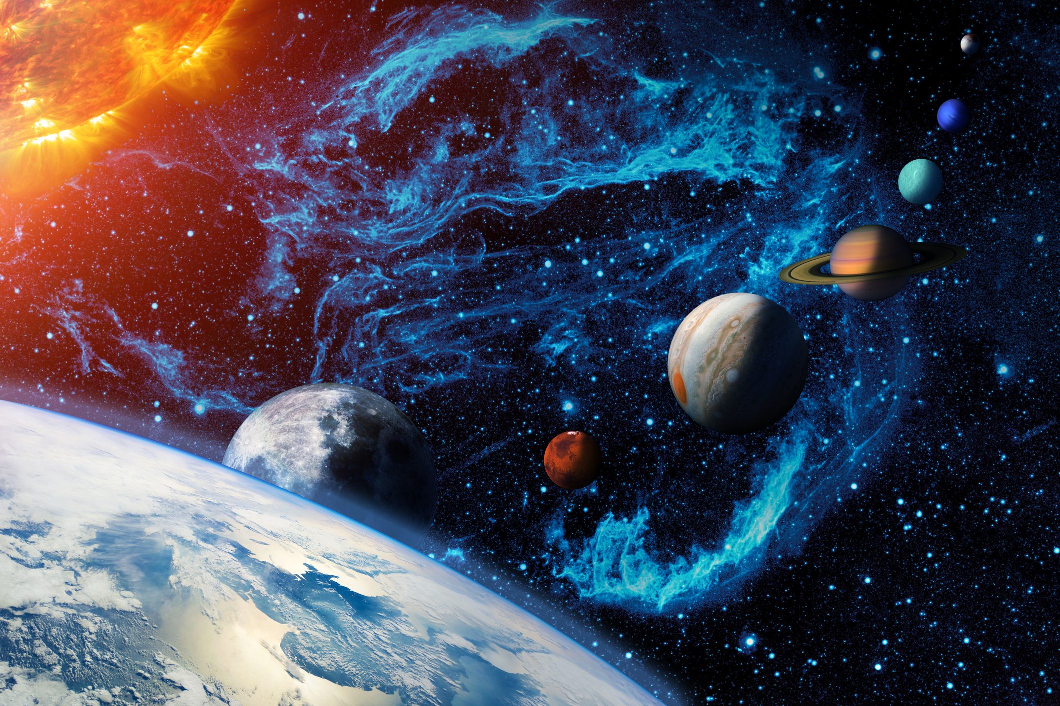 Digital illustration of the Solar system. Sun, Earth and planetary Moon, Mars, Jupiter, Saturn, Uranus, Neptune and the dwarf Pluto. A row of planets and a stellar nebula in outer space.
