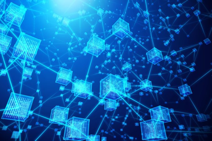 Abstract web3 blockchain concept of a transparent cube with encryption data code and network.