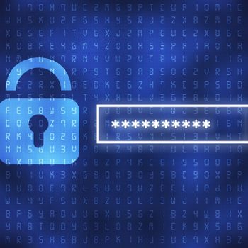 A blue digital padlock appears next to a password input box filled with asterisks, against a background of scattered alphanumeric code.