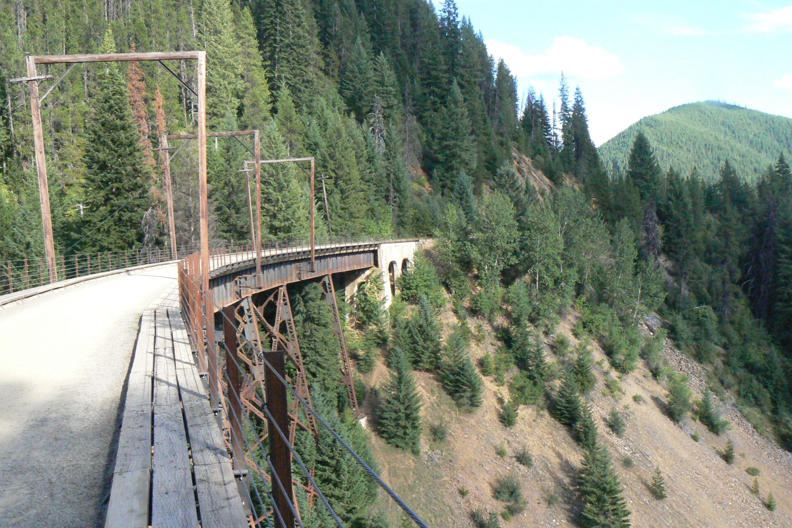 A wooden bridge spans a deep forested valley, surrounded by dense green trees and rolling hills under a clear blue sky.