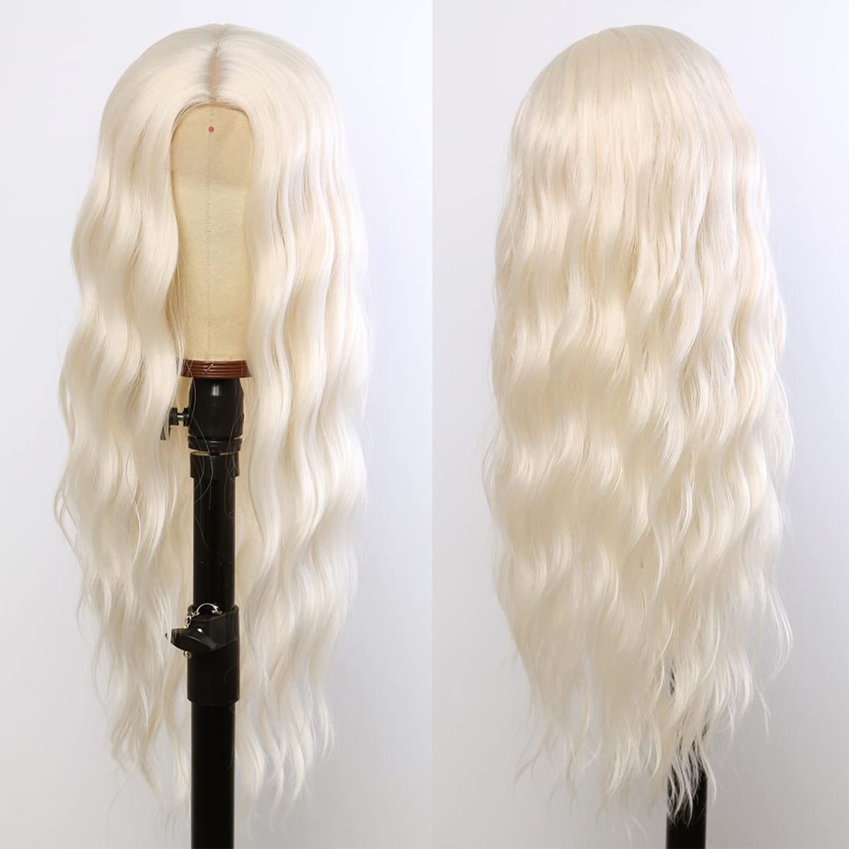 Blonde wig sits on a mannequin head, displayed on a stand, within a white background.